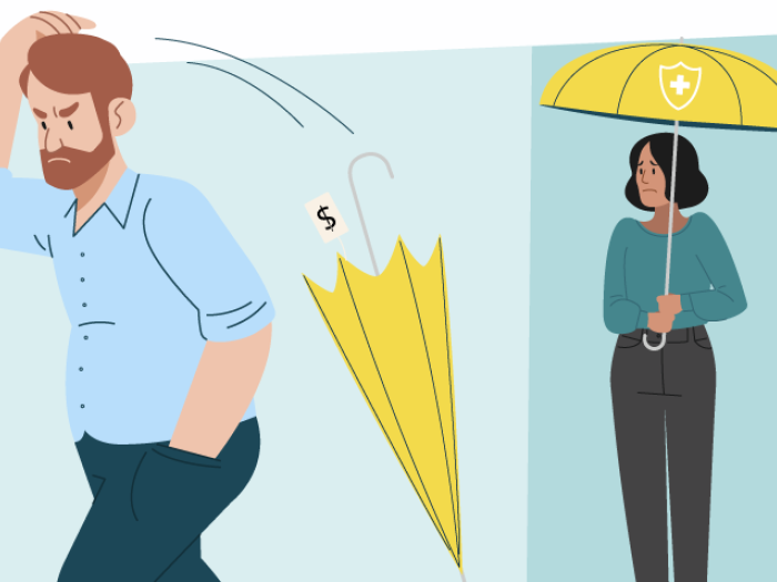 man mad throwing umbrella away and woman looking worried from a distance with an umbrella