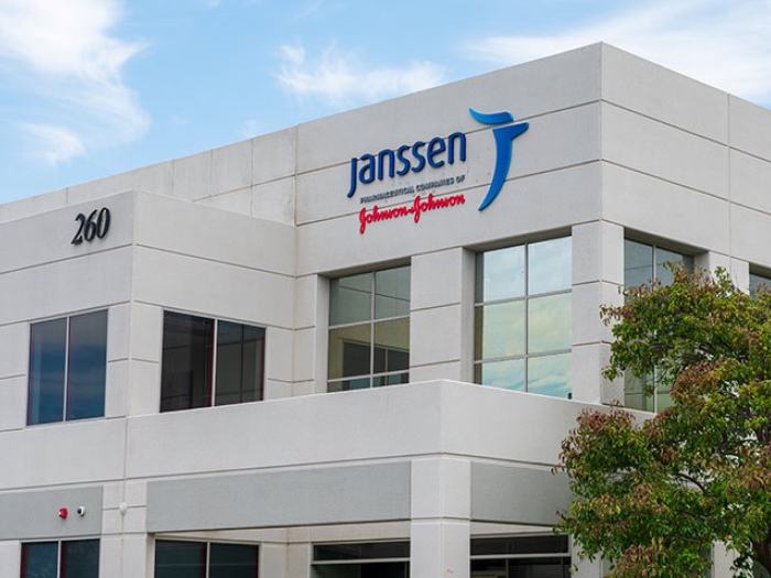 Janssen and johnson&amp;amp;Johnson building with windows and blue sky with white clouds