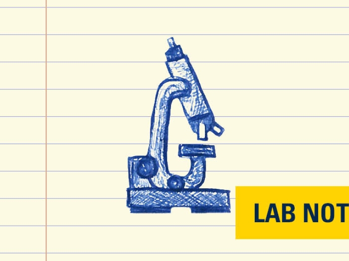 stethoscope drawing in blue ink on lined paper with lab note writing on bottom right in yellow and navy
