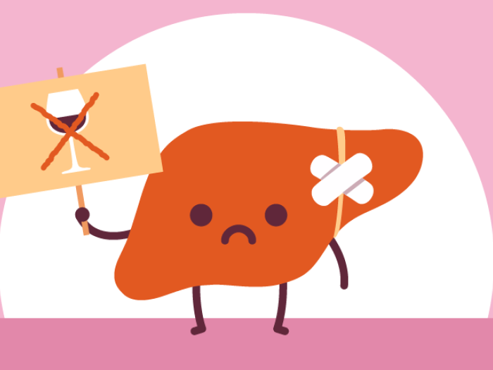 pink cartoon liver with bandages on it appearing sad with sign that has X through wine glass