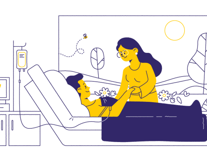 drawing of yellow man in bed and yellow wife standing over him holding hand with navy accents
