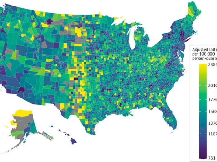 Map color coded with blues, yellow and green, color scale