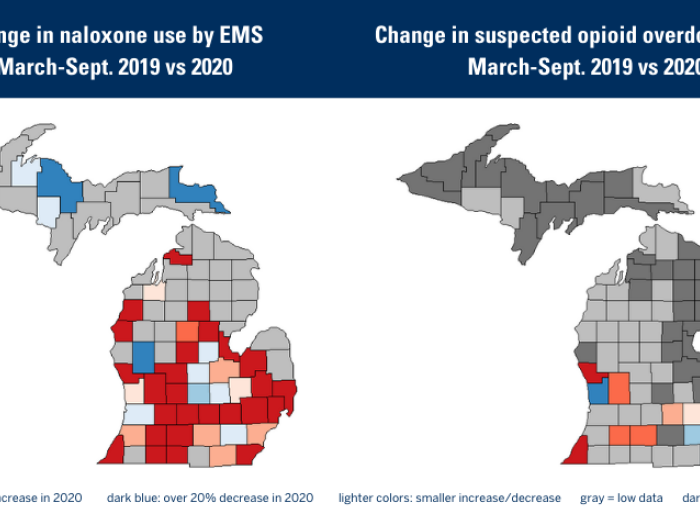 change in naloxone use by EMS march-sept. 2019 vs 2020. red: over 30% increase in 2020. dark blue: over 20% decrease in 2020. Change in suspected opioid overdose deaths March-Sept. 2019-2020. lighter colors: smaller increase/decrease gray = low data dark gay = no data