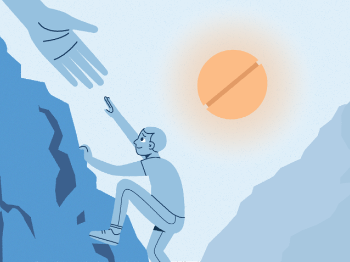person climbing mountain in blue and orange pill as sun with hand reaching down to help person climbing