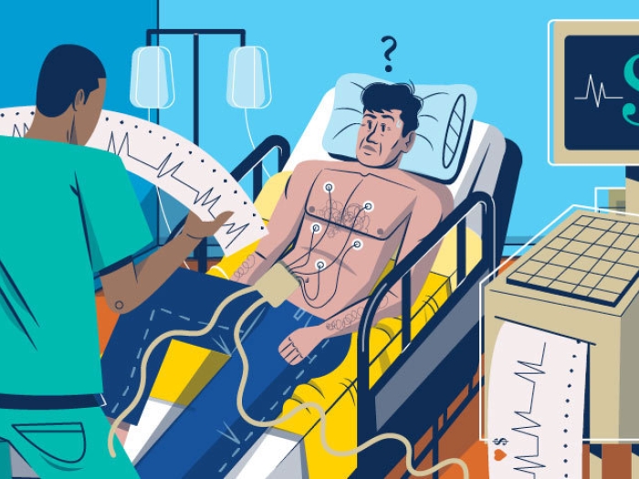 nurse standing infront of man on hospital bed with dollar signs on paper and computer