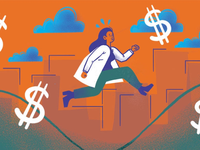 Doctor floating with dollar signs and clouds orange and green background with buildings