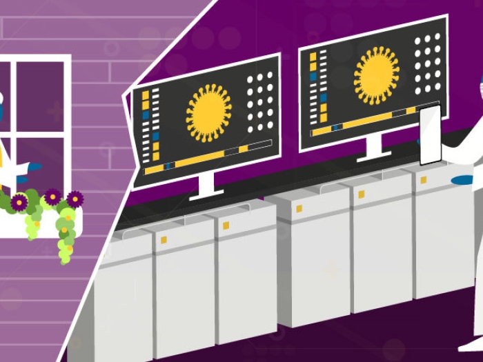 women in window at home and man in lab