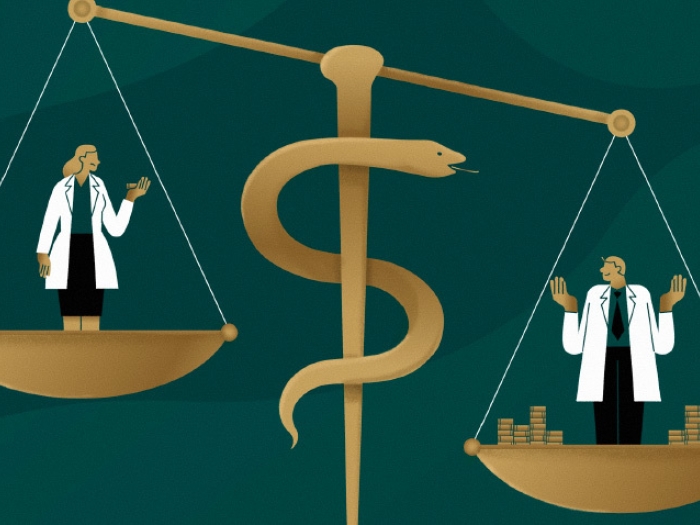 gold scale doctors with woman on one side and male on other side