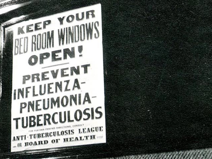 influenza sign in black and white saying keep your bed room windows open! prevent influenza-pneumonia tuberculosis anti-tuberculosis league or board of health