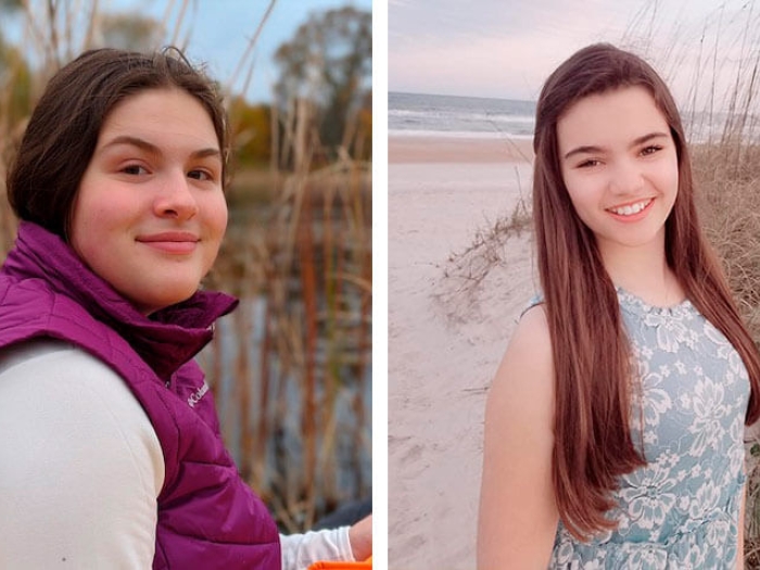 Teen girls with nature one by pond and grass and the other on the beach