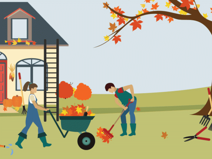 A couple doing fall yard work safely
