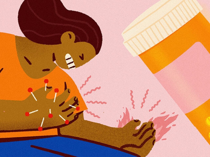 Needles in woman's hand and fire shooting from hands expressing pain. Bottle of pills floating.