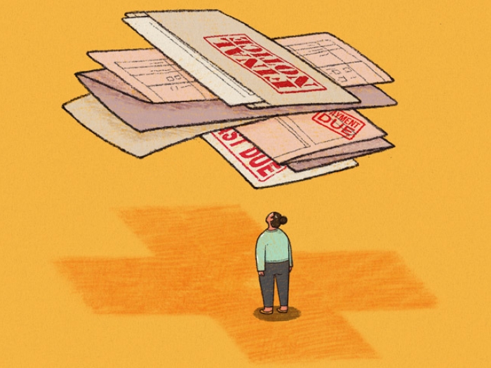 woman in shadow of bills orange background