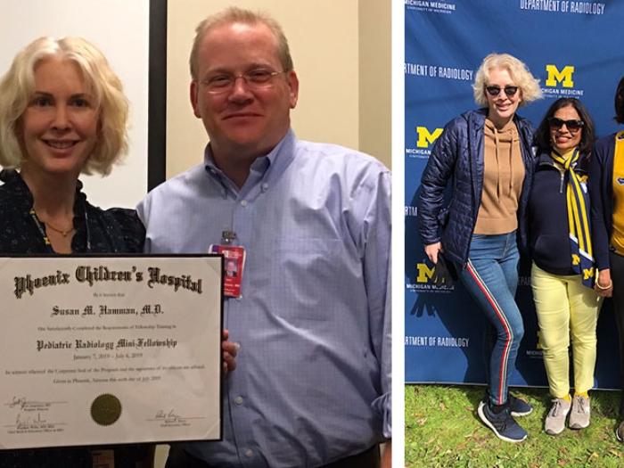 Woman smiling holding degree and standing outside with Michigan Radiology group. Blue Banner displaying behind them.