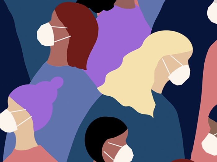 graphic of women walking around with masks on of different backgrounds