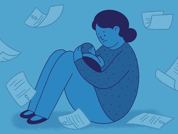Mom sitting on floor holding baby with a frown, paper bills floating around blue background