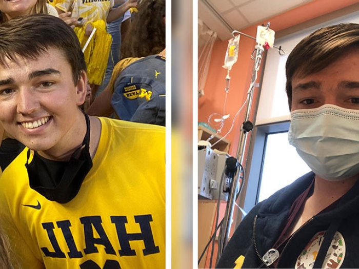 young man in yellow shirt on left and on right same young man in mask and blue shirt