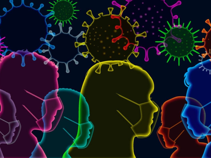 black background with outlines of people's faces with masks in neon pink yellow and blue