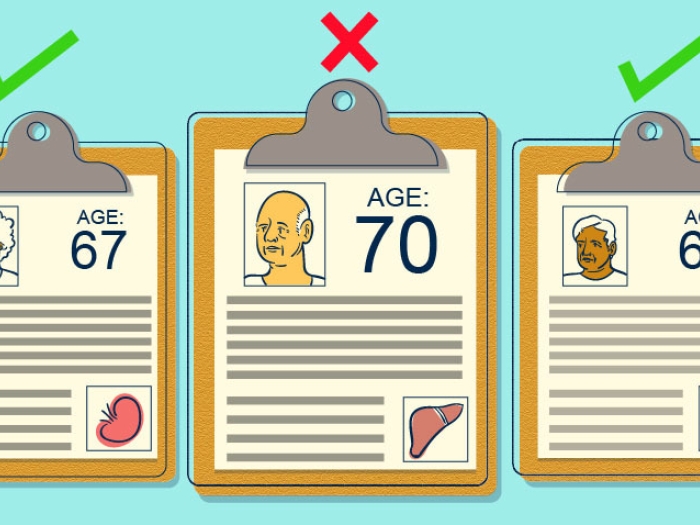 charts with peoples pictures on them and ages and green checks on some and red check for one over 70 teal background