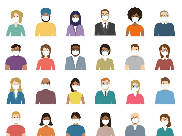 all different looking cartoon people wearing masks all assembled in rows from chest up