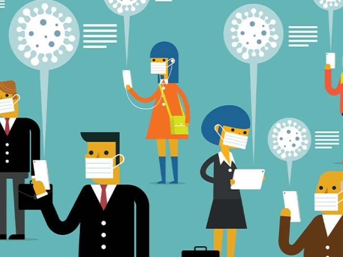 teal backdrop of cartoon people walking around with masks on and on their phones with the corona virus symbol sticking out of it