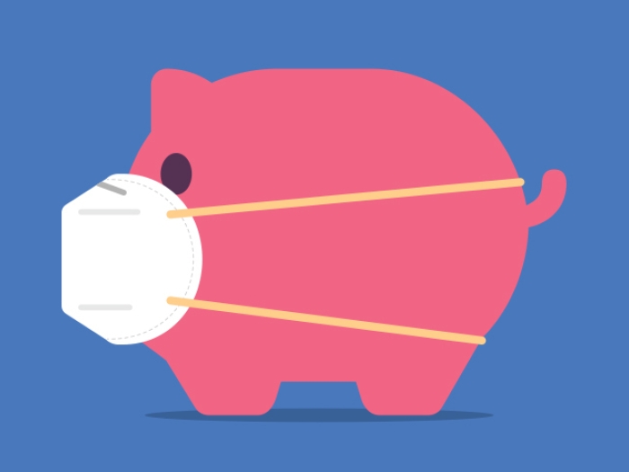 cartoon pink pig on blue background wearing white mask over mouth 
