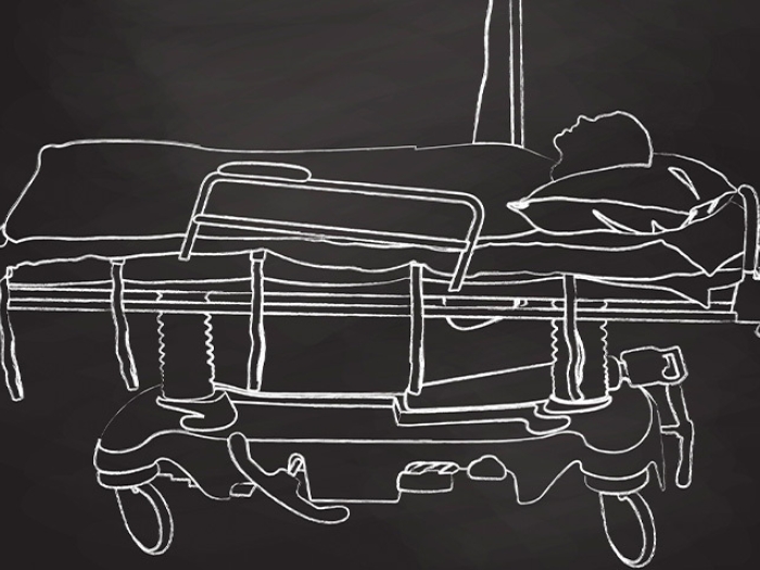 drawing of person on black background in white ink laying on a hospital bed 