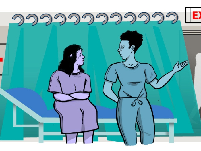 er patient crying talking to medical care with teal and purple and grey colors behind curtain