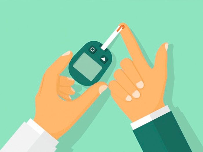 finger prick glucose blood glucometer green background two hands holding it and pricking finger