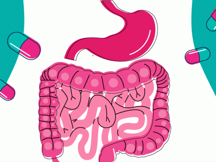 pink organs bleeding from stomach in white drawing of body and teal and pink pills floating in air