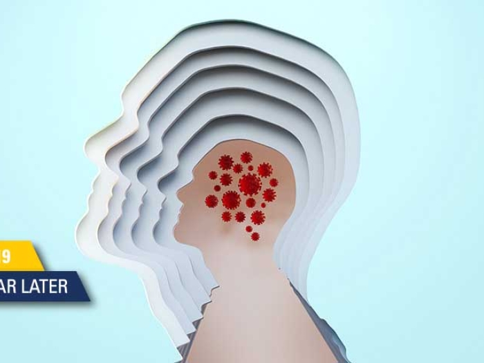 grey outline on light blue background of see through head and neck with the smallest one inside being full of covid red cells