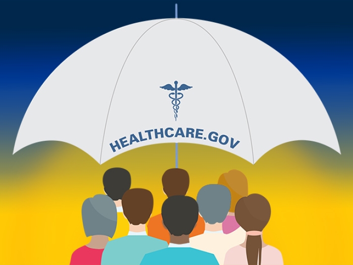 healthcare.com government umbrella with people underneath it and blue and yellow ombre background