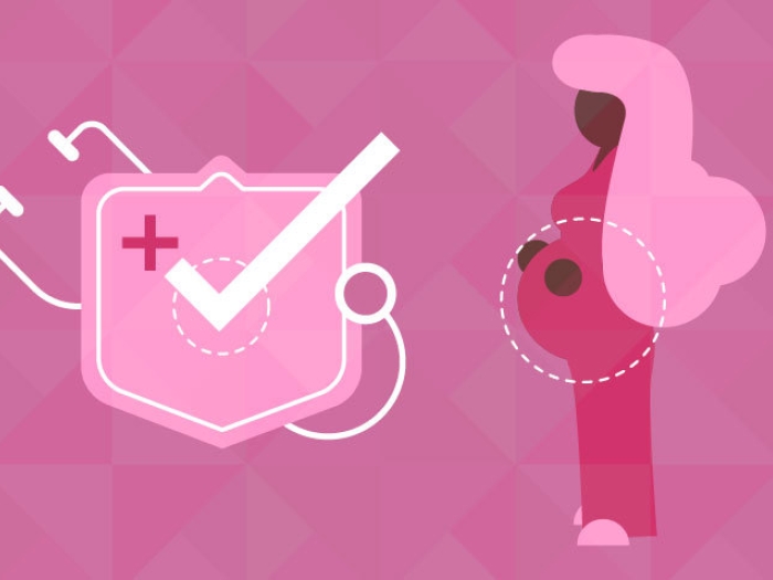 Pregnant women in pink with medical symbol and check mark next to her