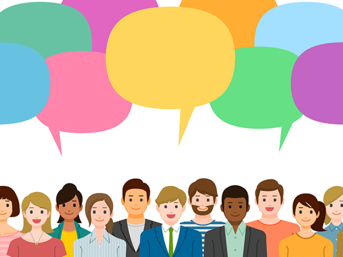 Graphic of a variety of people with speech bubbles above.