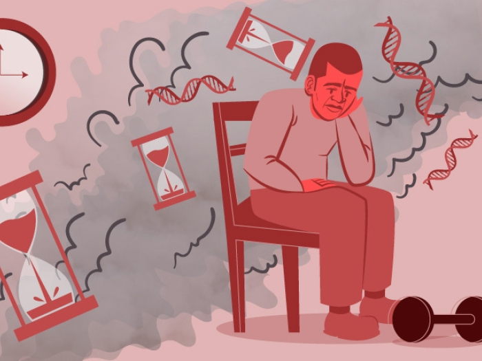 muscle weakness guy sitting clock on wall pink red and grey smoke and time clocks tired weight on floor