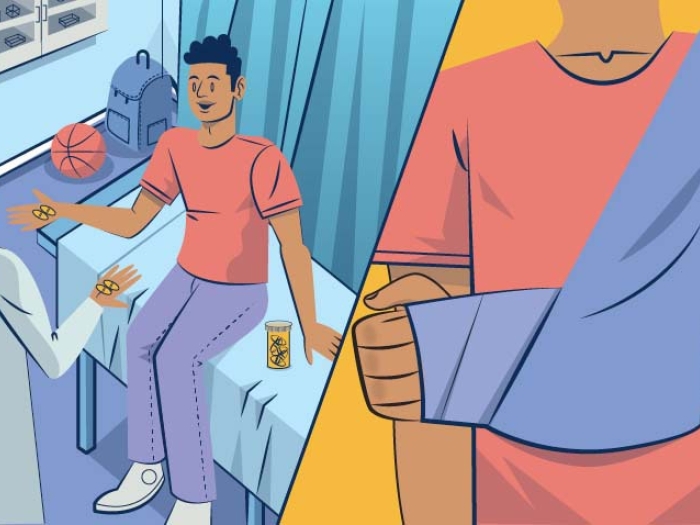 teen in bed and then on right with arm in purple sling