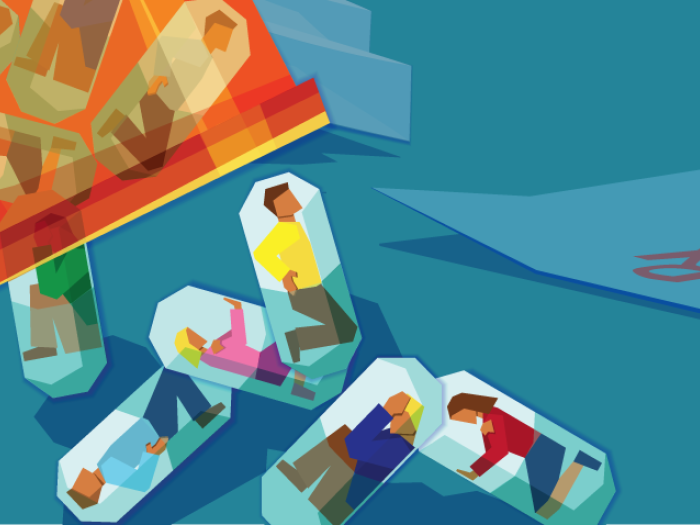 people in oval shapes and on teal background