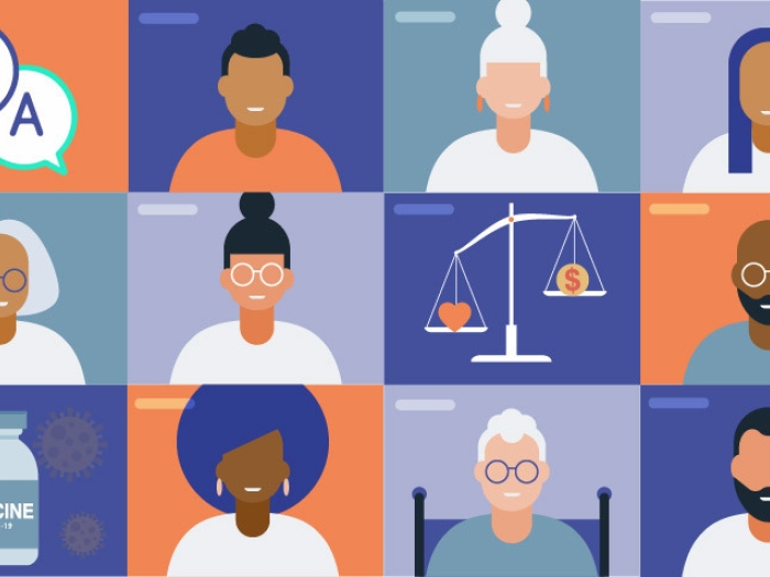 multiple people's faces in the grid with vaccine bottle and QA