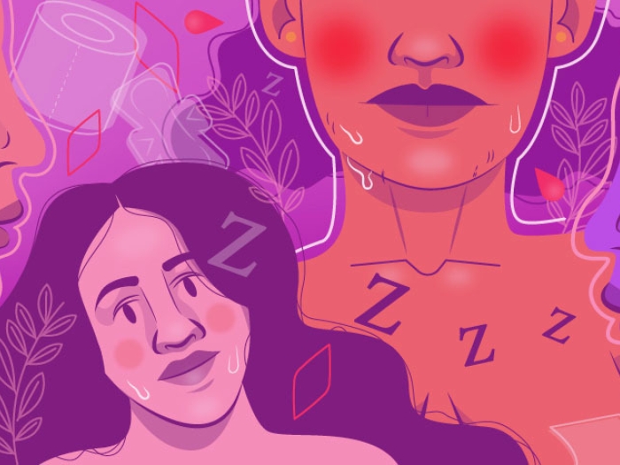 artistically drawn woman drawn and floating in background in purples in red sweating and feeling different symptoms