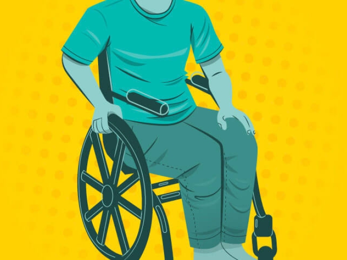 A person in wheelchair with teal clothes on yellow background