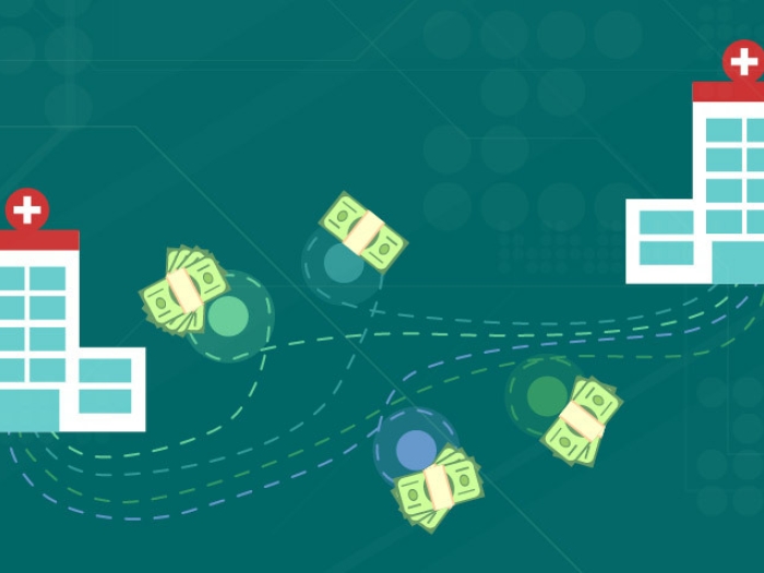 Two hospitals with 4 bundles of money floating between them