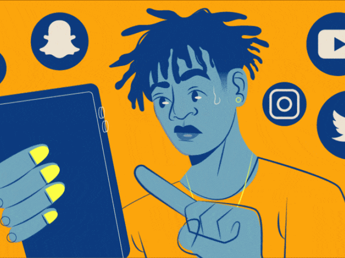 social media phone app teen blue and orange touching phone moving gif