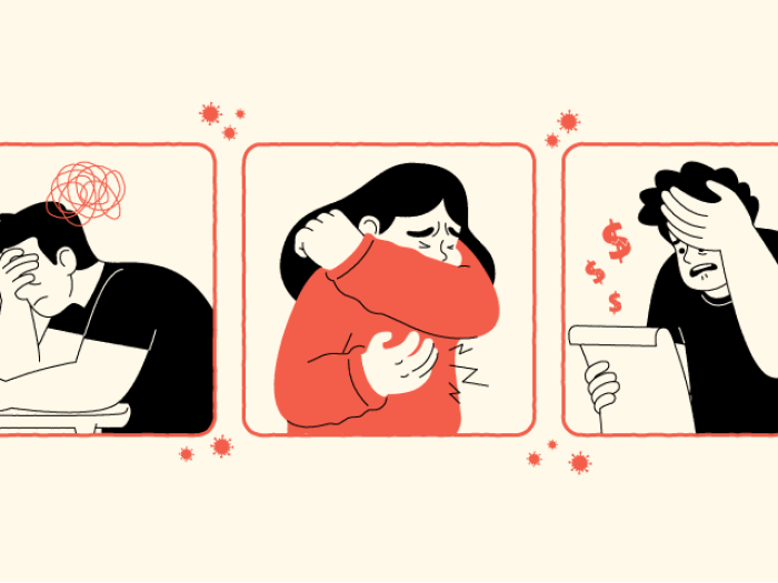 three people coughing and looking stressed in black and red