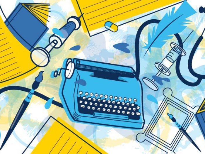 typerwriter books pills arts paint brush floating around in blues and yellow