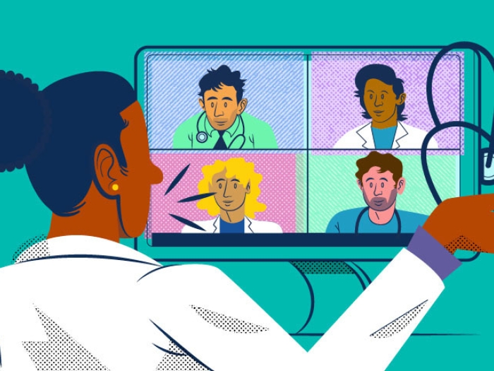 woman doctor talking zoom to other doctors