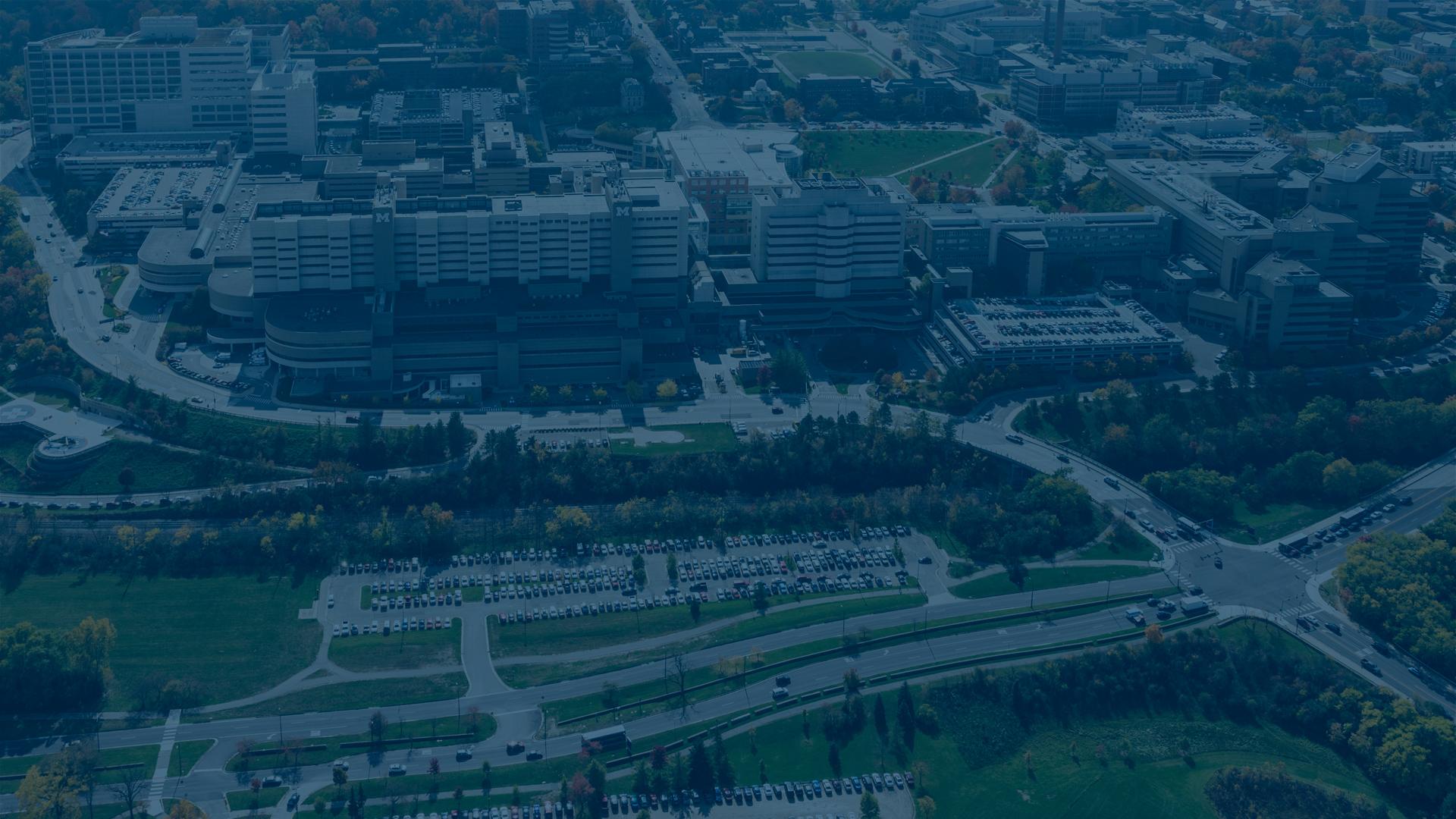 Aerial of U-M medical complex tinted blue