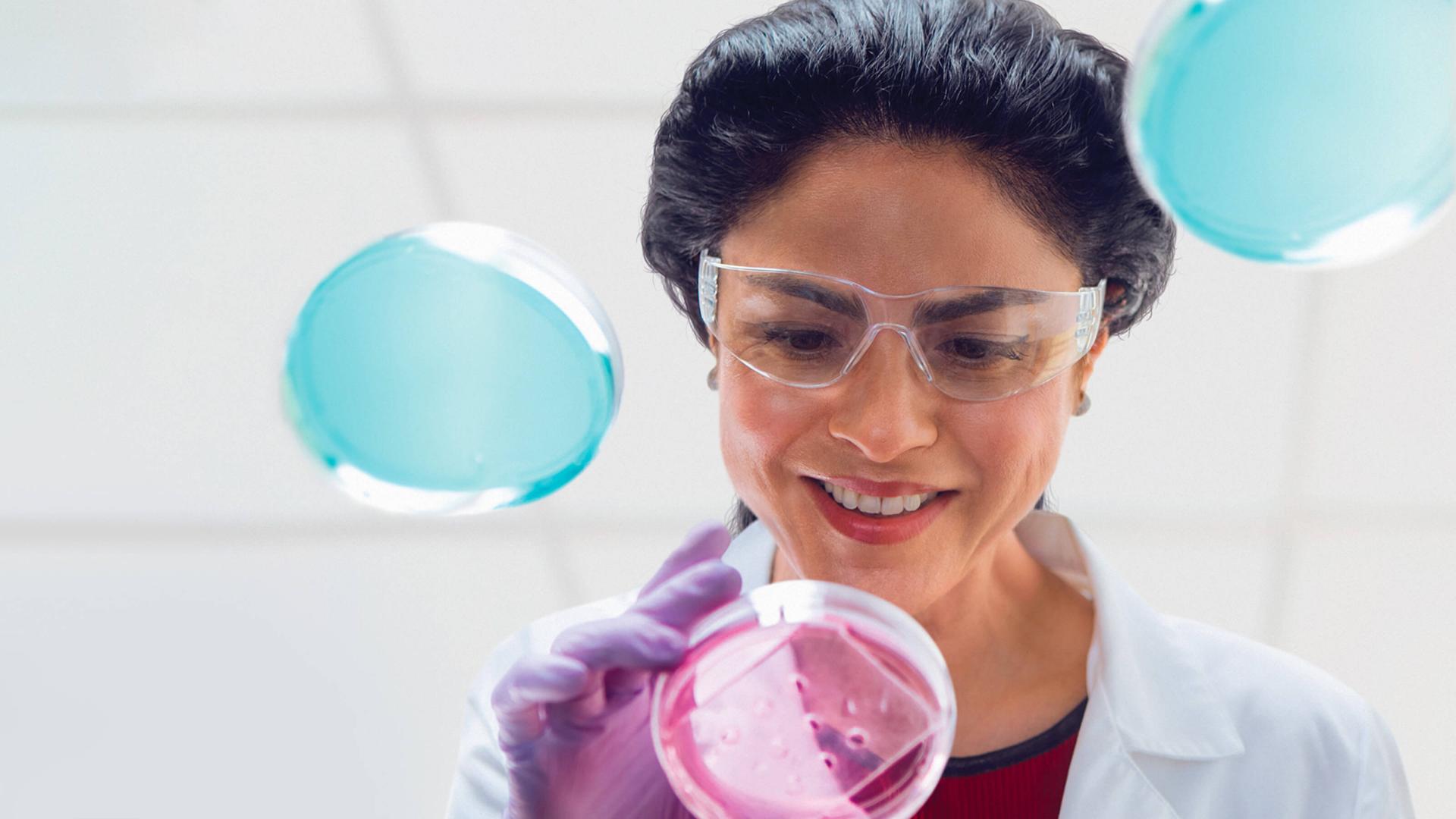 Female scientist wearing goggles looking at petri dishes on a glass table