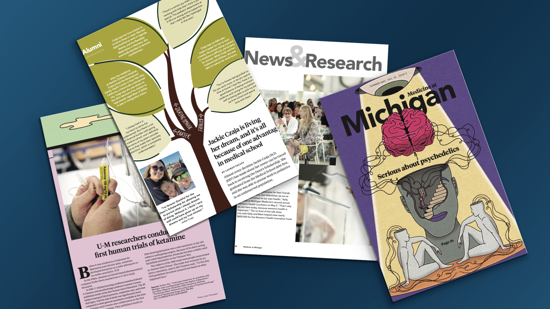 magazine pages on blue background