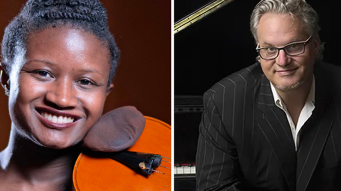 diverse violinist and white man smiling