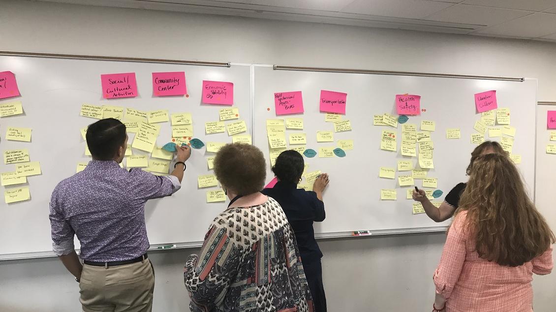 Group of people looking at sticky notes on white board.